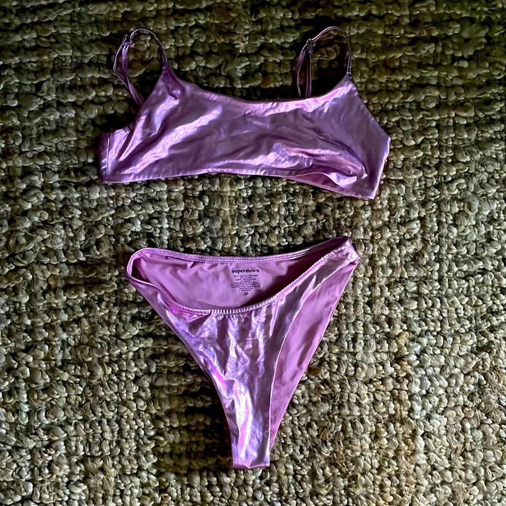 Super down hot pink metallic bikini, large top, medium bottom
